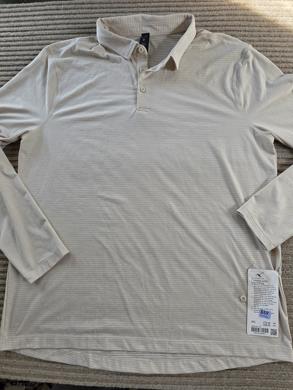 Lululemon Shirt Men's XXL Cream 3 Button Evolution Long Sleeve Polo NWT